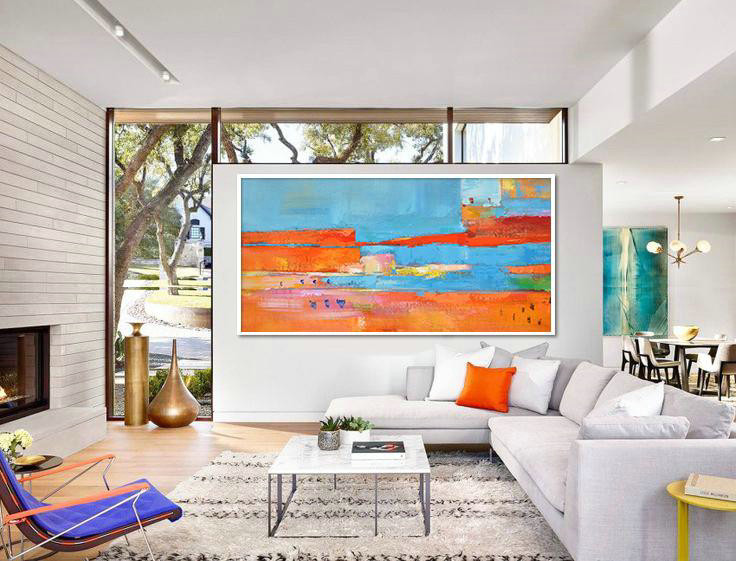 Large Abstract Painting On Canvas,Horizontal Palette Knife Contemporary Art,Wall Art Ideas For Living Room,Orange,Sky Blue,,Red,Yellow.Etc